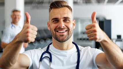 Empathetic Support: A smiling doctor wearing a stethoscope gestures a positive sign. conveys compassion, and dedication.