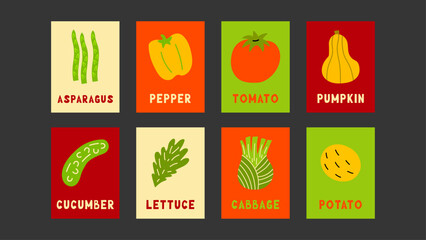 Playful Veggie Poster Set – expressive vegetables in artistic layouts, ideal for creative decor, market displays, and kitchen wall inspiration.