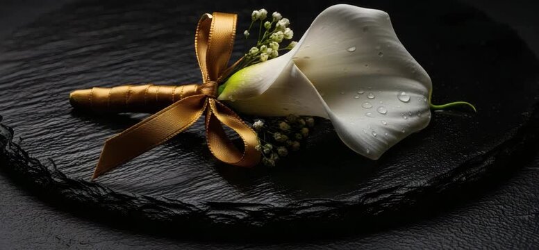 White calla lily boutonniere with gold ribbon on black stone texture for wedding groom accessory