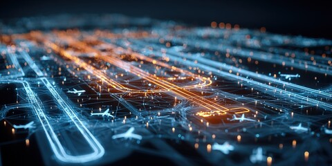 Air traffic control simulation showing detailed runway and taxiway layout with illuminated paths and aircraft movements at night