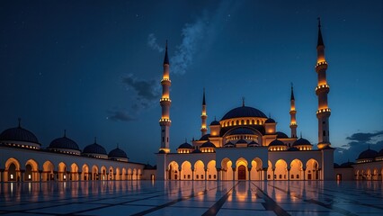 A detailed image capturing the serenity of a mosque at night, with celestial accents. Artistic Photography & Realistic style.
