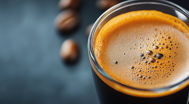 Close-up view of freshly brewed coffee in a glass cup, showcasing rich crema and dark liquid, with coffee beans scattered on a dark surface, highlighting beverage enjoyment