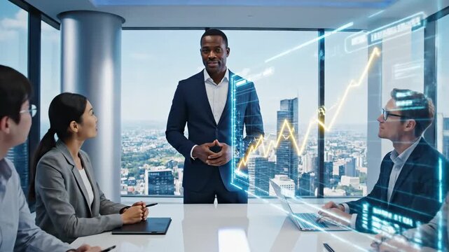 Modern business meeting with holographic display and diverse team