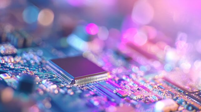 Close view of a colorful circuit board with intricate electronic components