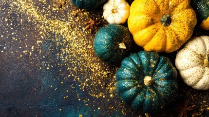 Colorful pumpkins and glitter on a dark surface for autumn decor