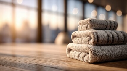 Fresh Towels Placed Neatly on a Beige Podium Illuminated by Soft Indoor Sunlight in a Cozy Setting