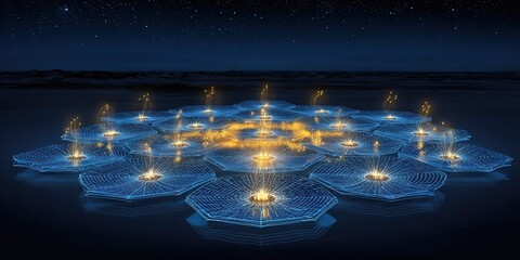 Geometric light display on water surface at night creates a serene and captivating visual experience