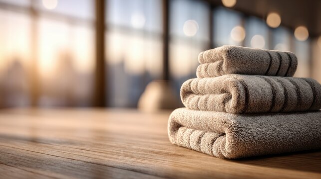 Fresh Towels Placed Neatly on a Beige Podium Illuminated by Soft Indoor Sunlight in a Cozy Setting