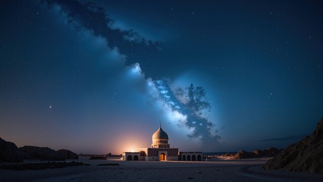 An artistic photograph of a starry sky over a peaceful prayer area for Lailat al Miraj. Artistic Photography & Realistic style. Artistic Photography & Realistic style.
