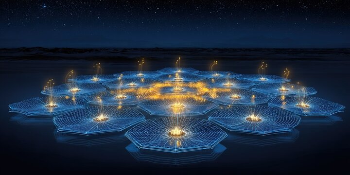 Geometric light display on water surface at night creates a serene and captivating visual experience