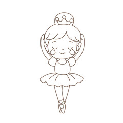 Cute Cartoon Ballerina in Simple Line Art. Ballet Coloring Page for Kids. Graceful Tutu Girl with Crown. Child-Friendly Outline Illustration for Printables