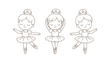 Three Cute Cartoon Ballerinas in Line Art. Simple Ballet Coloring Page for Kids. Graceful Tutu Characters for Children’s Printable Activities and Educational Materials
