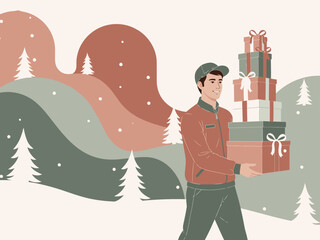 A smiling delivery man carries a stack of wrapped gifts through a snowy winter landscape. Festive and joyful, perfect for holiday promotions. Delivered daily!