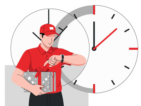 A delivery man checks his watch while holding a gift box, emphasizing punctuality and timely service. Clean, modern illustration.