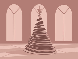 stylized spiral Christmas tree stands within a serene arched windowed hall A warm muted color palette creates a festive and inviting atmosphere -Merry d Bright- text