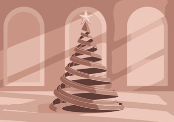 A stylized, spiral Christmas tree with a star shines warmly within a room with arched windows. The design evokes a festive and modern aesthetic. 