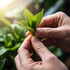 Gentle hands cradling a vibrant green plant sprout with sunlit backdrop