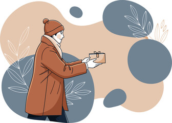 warmly dressed person offers a gift box conveying heartfelt wishes The illustration features a soft modern style with layered shapes and a muted color palette Ideal for greeting cards and social media