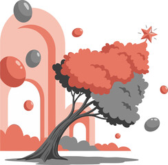 whimsical illustration features a tree with glowing orbs set within an arched pink structure A star shines above evoking a sense of magic and wonder Bold
