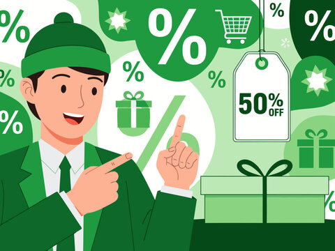  professional points to a sale graphic surrounded by discount tags and holiday decorations Vibrant green and white design ideal for marketing and promotions