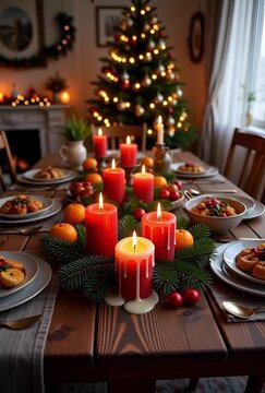 Red candles with melted wax on a wooden surface