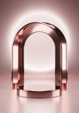 Elegant showcase with metallic rose gold arch and luminous backdrop for product