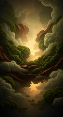 Majestic verdant cloudscape with dramatic light and abstract landforms
