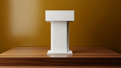 Minimalist podium structure illuminated by warm light in a studio setting