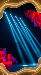 Modern showcase backdrop with light beams and digital design elements