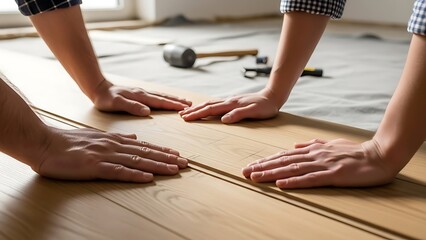 Professionals Installing New Laminate Flooring During Home Renovation Project