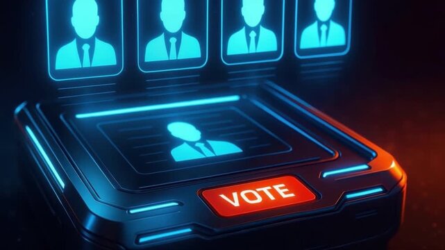 Futuristic digital voting election technology featuring illuminated user and candidate with glowing vote button enhancing secure online participation and user interaction
