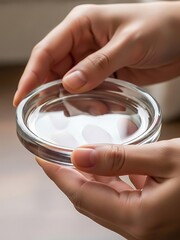 Woman delicately holds a clear, round container filled with a white liquid