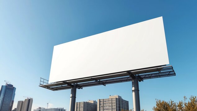 Blank billboard with empty space for mock up stands at urban street against clear blue sky outside