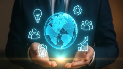 Global business innovation and technology strategy showcasing digital globe with glowing earth, teamwork, growth, and connection held hands symbolizing global digital success and collaboration - Powered by Adobe