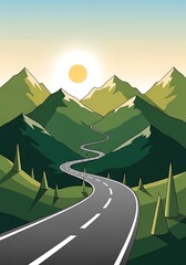 Scenic mountain pass winding road towards sunset destination landscape