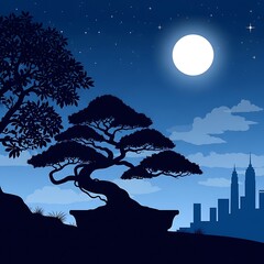 Serene cityscape under a starlit sky with bonsai silhouette and a radiant moon creating a tranquil night view
