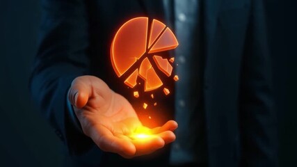 Glowing orange broken pie chart floating above hand with dark background symbolizing business data analysis financial risk and broken financial data analysis concept with glowing orange light effect - Powered by Adobe