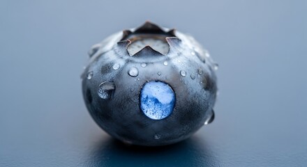 Single wet blueberry close up studio image with vibrant reflections