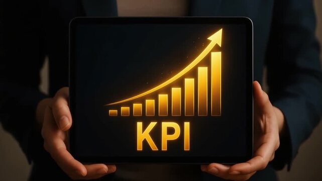 KPI concept featuring glowing golden bar chart with upward arrow digital tablet symbolizing business growth, performance improvement, and success through advanced technology and digital chart analysis