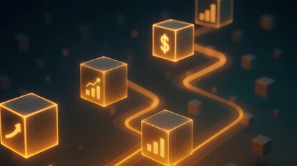Glowing orange cubes and digital finance connection with data graphs and dollar symbols illustrating financial technology growth trends and investment progress in futuristic style - Powered by Adobe