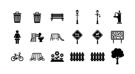 Black and white city park icons set featuring amenities and outdoor elements