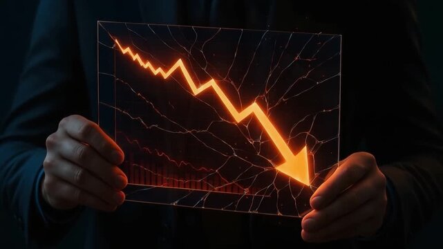 Declining financial graph with glowing orange arrow breaking glass symbolizing economic crisis market crash business loss and economy downturn impact with dramatic tension and dark background