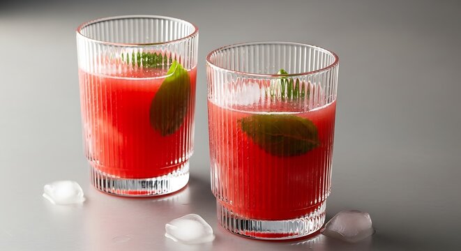 Two refreshing glasses of watermelon juice with mint and ice cubes.