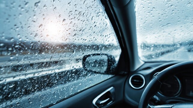 Windshield Washer Product on Reflective Wet Table With Rainy Window Blur Creating a Calm Atmosphere
