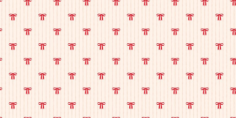 Naklejka premium Coquette seamless pattern red bow with ribbons on striped beige backdrop. Soft wrapping paper background for birthday, holiday and Christmas. Cute repeat wallpaper texture. Vector illustration