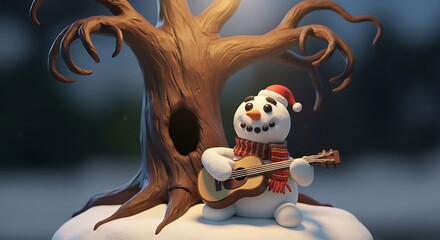 Charming Snowman Playing Guitar Under a Bare Tree in Winter Wonderland.