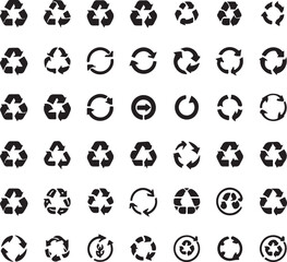 Recycle vector icon set. Arrows, heart and leaf recycle eco green symbol. Rounded angles. Recycled signs illustration isolated on white background.

