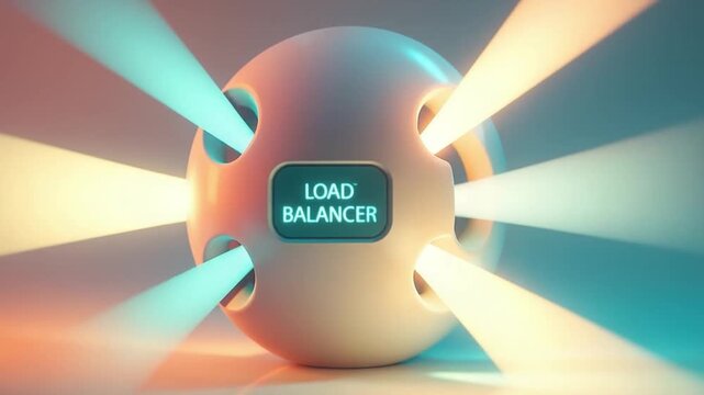 Load balancer concept featuring glowing light beams emitting from spherical device, symbolizing network traffic distribution, digital technology innovation, and futuristic sphere design for advanced