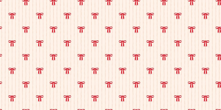 Coquette seamless pattern red bow with ribbons on striped beige backdrop. Soft wrapping paper background for birthday, holiday and Christmas. Cute repeat wallpaper texture. Vector illustration