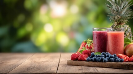 Fresh Tropical Fruit Smoothies Served on a Wooden Table With a Blurred Forest Background